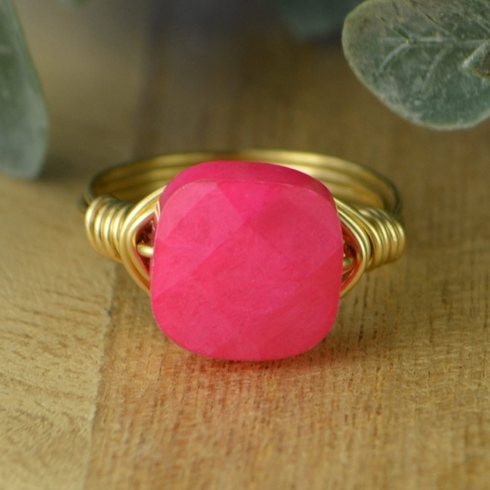 Hot Pink Jade Gemstone Ring Faceted Square 14k Gold Filled Wire Handmade Bold